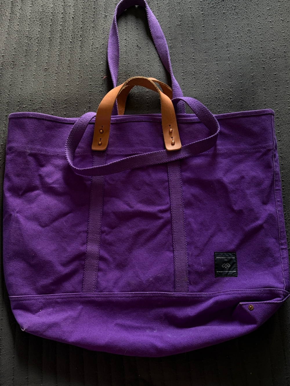 Large Immodest Cotton Purple Canvas Tote with Patch inside